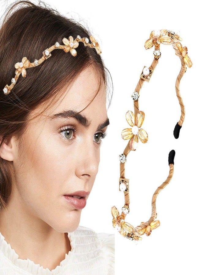 Firuilo Gold Rhinestones Headbands Crystal Pearl Flower Hair Bands Wave Thin Beaded Headbands Bride Weeding Hair Hoop for Women(Gold) - Image 1